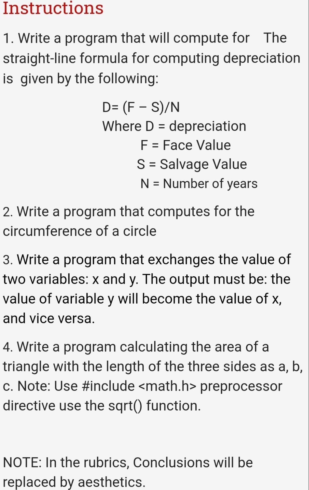 Solved Instructions 1. Write a program that will compute for | Chegg.com