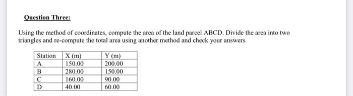 Using the method of coordinates, compute the area of the land parcel \( \mathrm{ABCD} \). Divide the area into two triangles