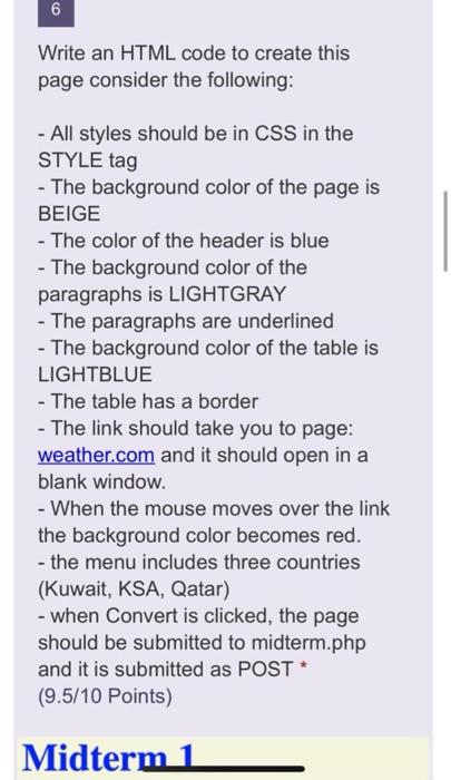 Solved 6 Write an HTML code to create this page consider the | Chegg.com