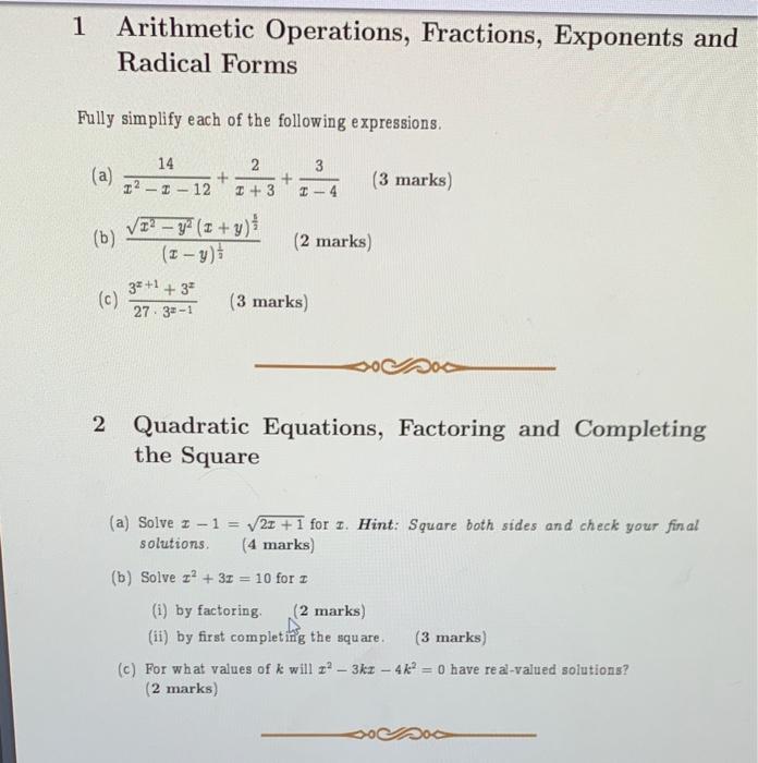 Solved 1 Arithmetic Operations, Fractions, Exponents and | Chegg.com
