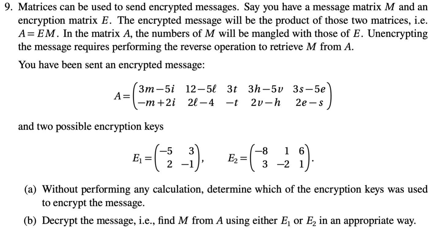 Solved Matrices can be used to send encrypted messages. Say | Chegg.com