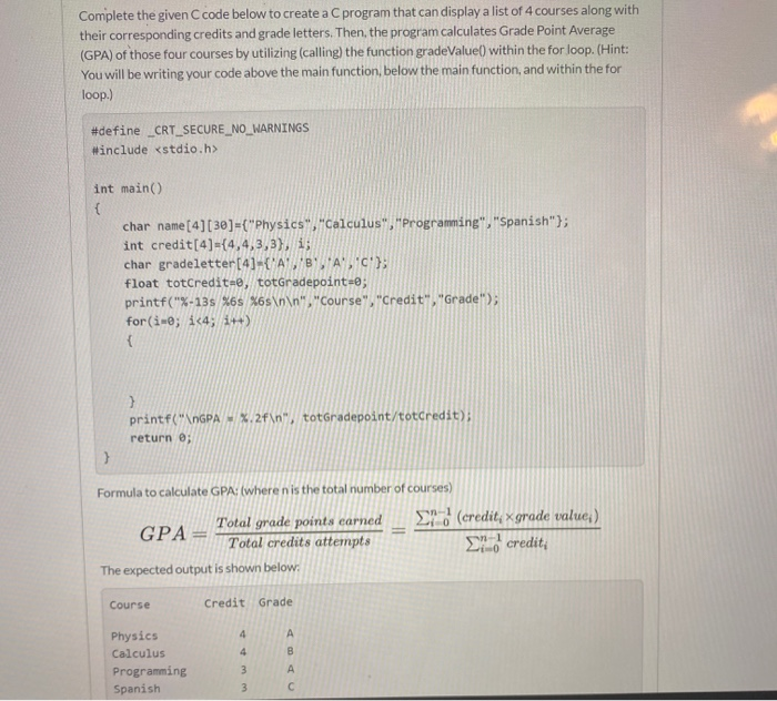 Solved GPA Calculator Create a C function called | Chegg.com