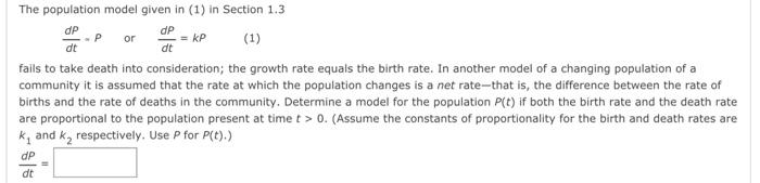 Solved The population model given in (1) in Section 1.3 | Chegg.com
