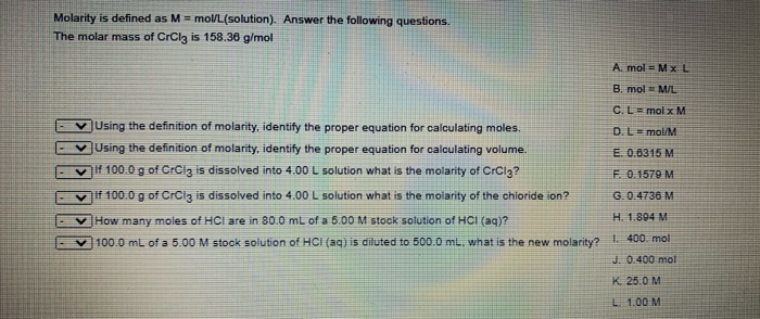 Solved Molarity is defined as M = mol/L(solution). Answer | Chegg.com