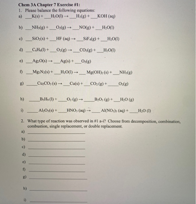 Solved Chem 3A Chapter 7 Exercise #1: 1. Please balance the | Chegg.com