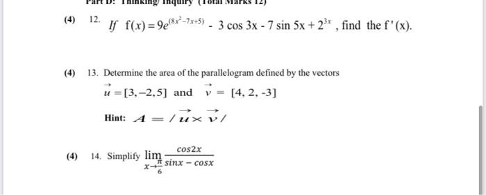 Solved 4 12 If F X 9e8 7x 5 3 Cos 3x 7 Sin 5x