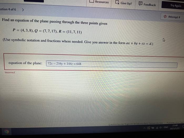 Solved Find an equation of the plane passing through the | Chegg.com