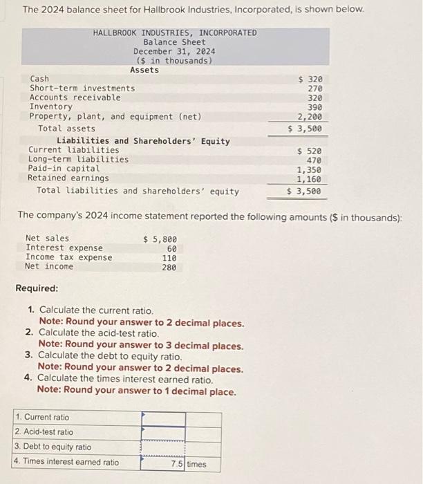 Solved The 2024 Balance Sheet For Hallbrook Industries Chegg Com   Image