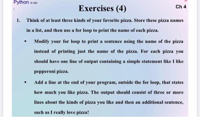 Solved Python is 382 Exercises (4) Ch 4 1. Think of at least | Chegg.com