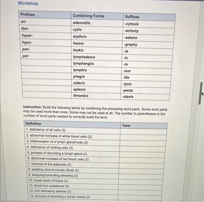 Solved Wordshop Prefixes an- dys- hyper- hypo- pan- par- . | Chegg.com