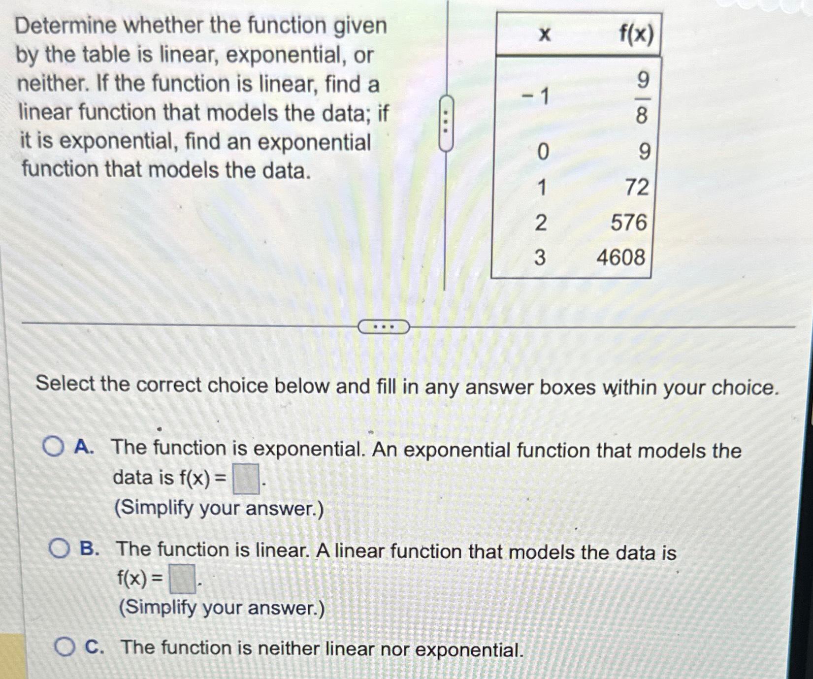 Solved Determine whether the function given by the table is | Chegg.com