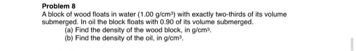 Solved Problem 8 A Block Of Wood Floats In Water (1.00 G/cm) | Chegg.com