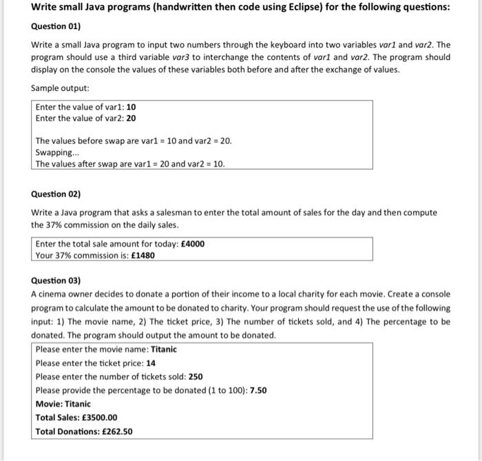 Solved Write small Java programs (handwritten then code | Chegg.com