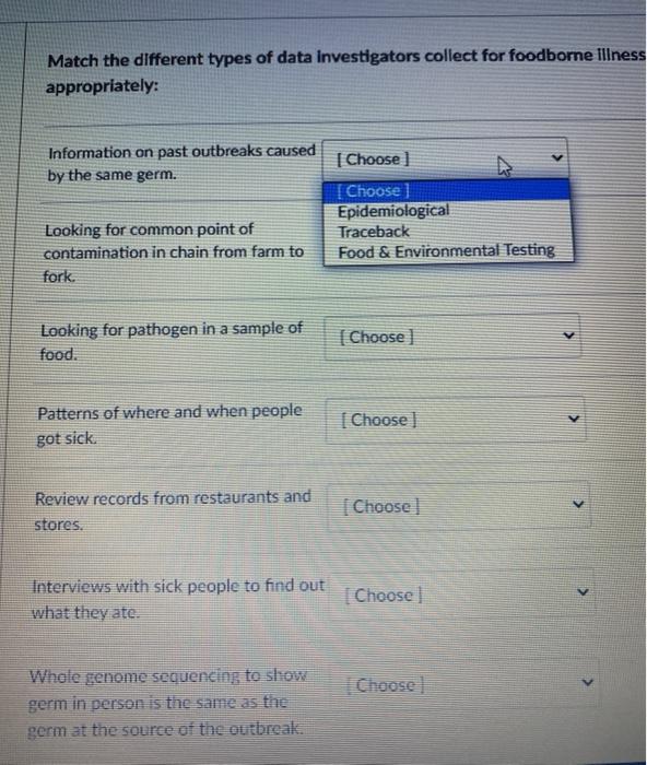 Match the different types of data investigators collect for foodborne illness appropriately: Information on past outbreaks ca