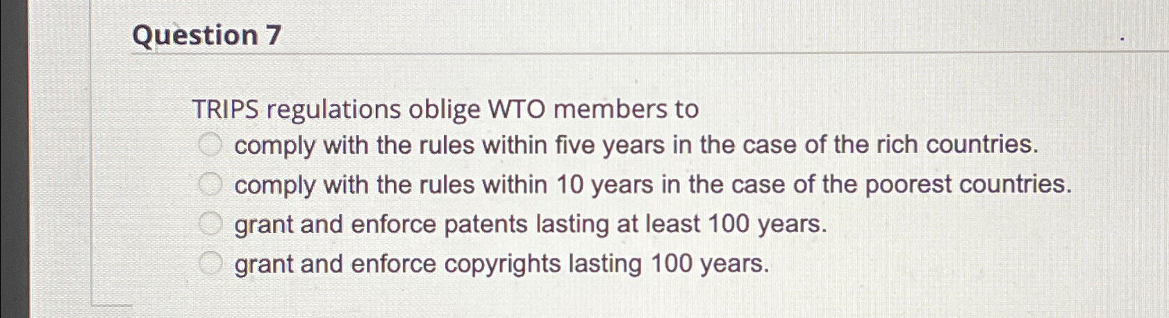 trips regulations oblige wto members to quizlet