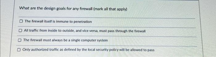 Solved What are the design goals for any firewall (mark all | Chegg.com