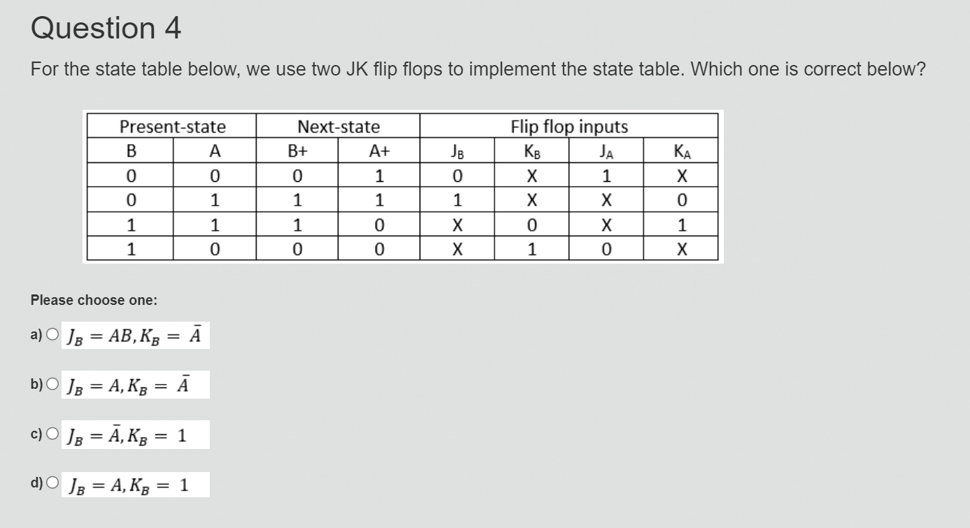 Solved Question 4For the state table below, we use two JK | Chegg.com