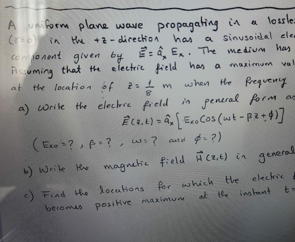 Solved form plane wave propagating in a lossless medium in | Chegg.com