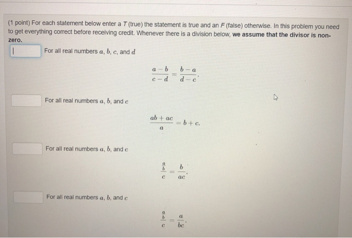 Solved (1 point) For each statement below enter a T (true) | Chegg.com