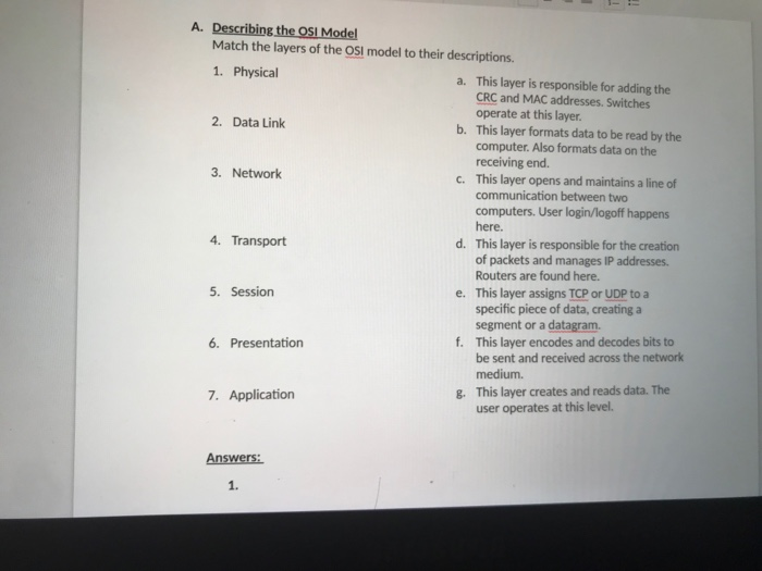 Solved A. Describing the OSI Model Match the layers of the | Chegg.com