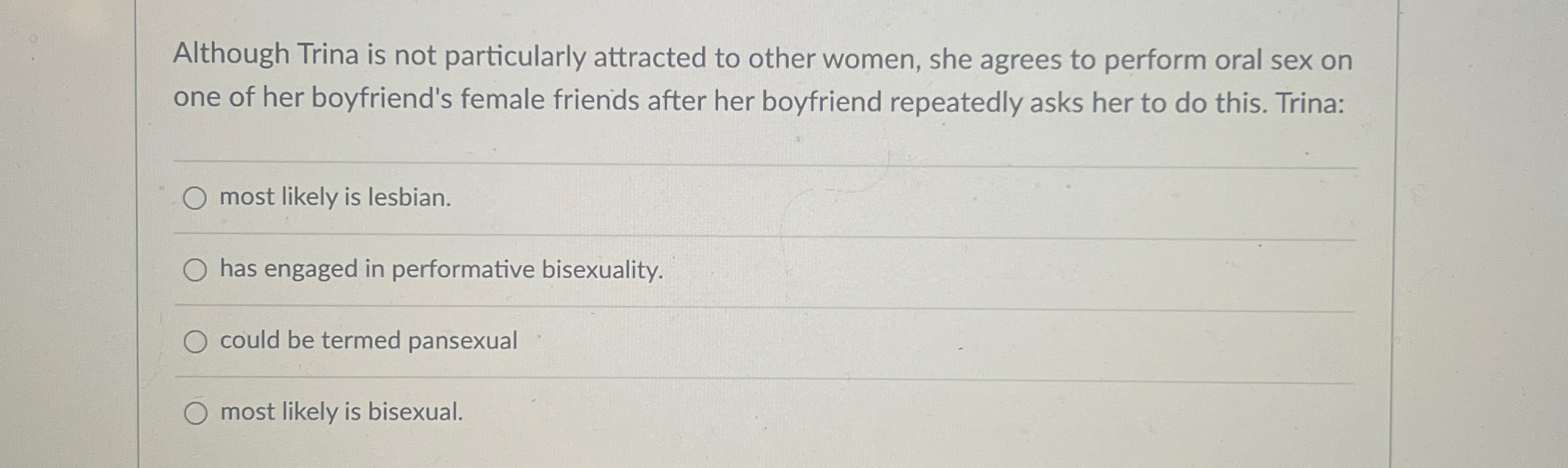 Solved Although Trina is not particularly attracted to other | Chegg.com