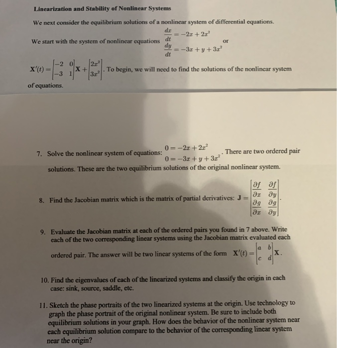 Solved Linearization and Stability of Nonlinear Systems We | Chegg.com