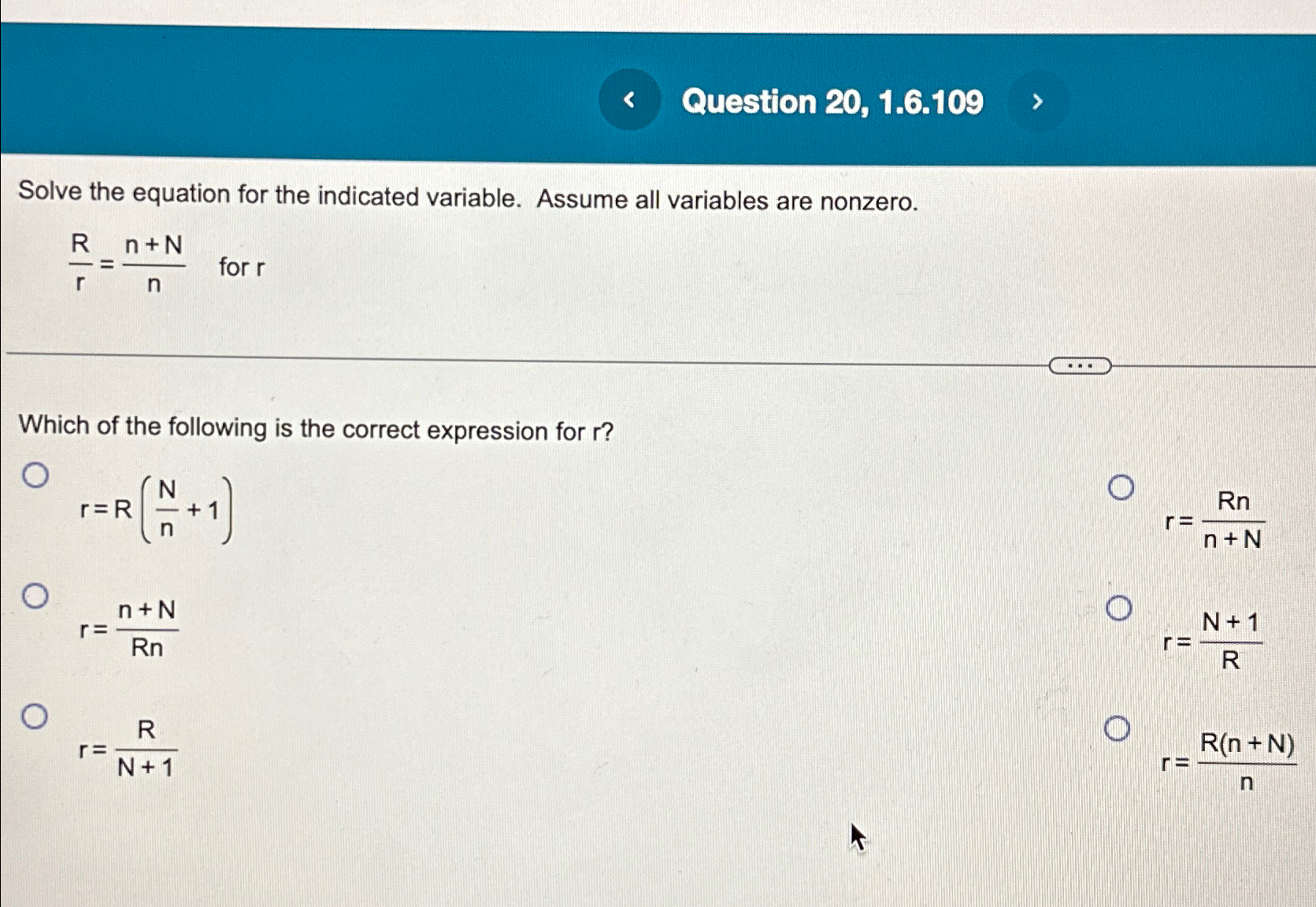 Solved Question 20, 1.6.109Solve the equation for the | Chegg.com