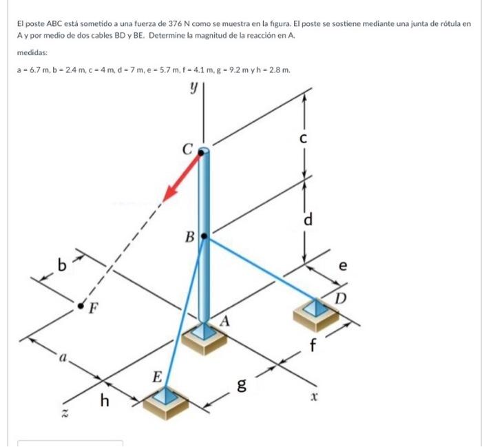 El poste \( \mathrm{ABC} \) está sometido a una fuerza de \( 376 \mathrm{~N} \) como se muestra en la figura. El poste se sos