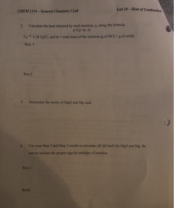 Lab 10 Heat of Combustion CHEM 1314 General