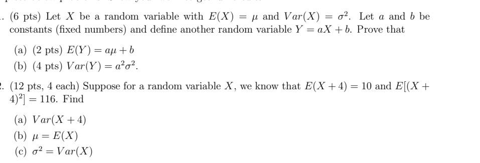 Solved · (6 pts) Let X be a random variable with E(X) = u | Chegg.com