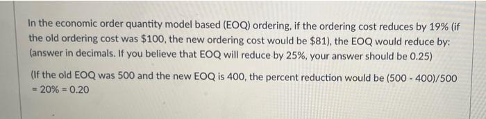 Solved In the economic order quantity model based (EOQ) | Chegg.com