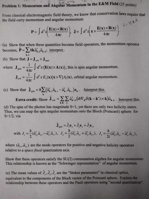 Solved Problem 1: Momentum and Angular Momentum in the E\&M | Chegg.com