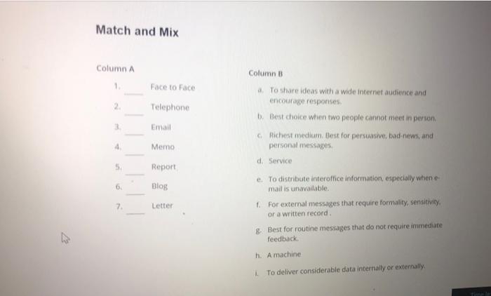 12 Match and Mix Column A 1. 2. 3. 4. 6. 7. Face to | Chegg.com