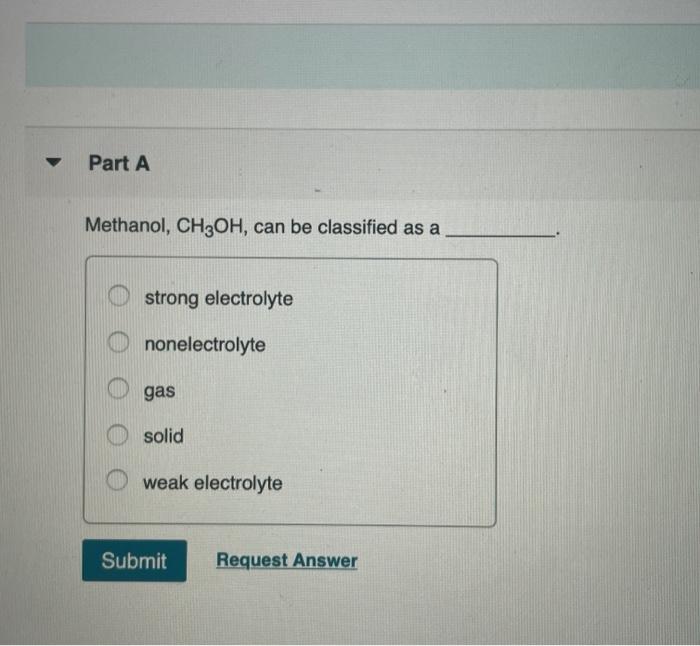 Solved Part A Methanol, CH3OH, can be classified as a strong | Chegg.com