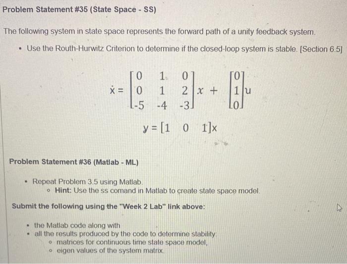 Solved The following system in state space represents the | Chegg.com