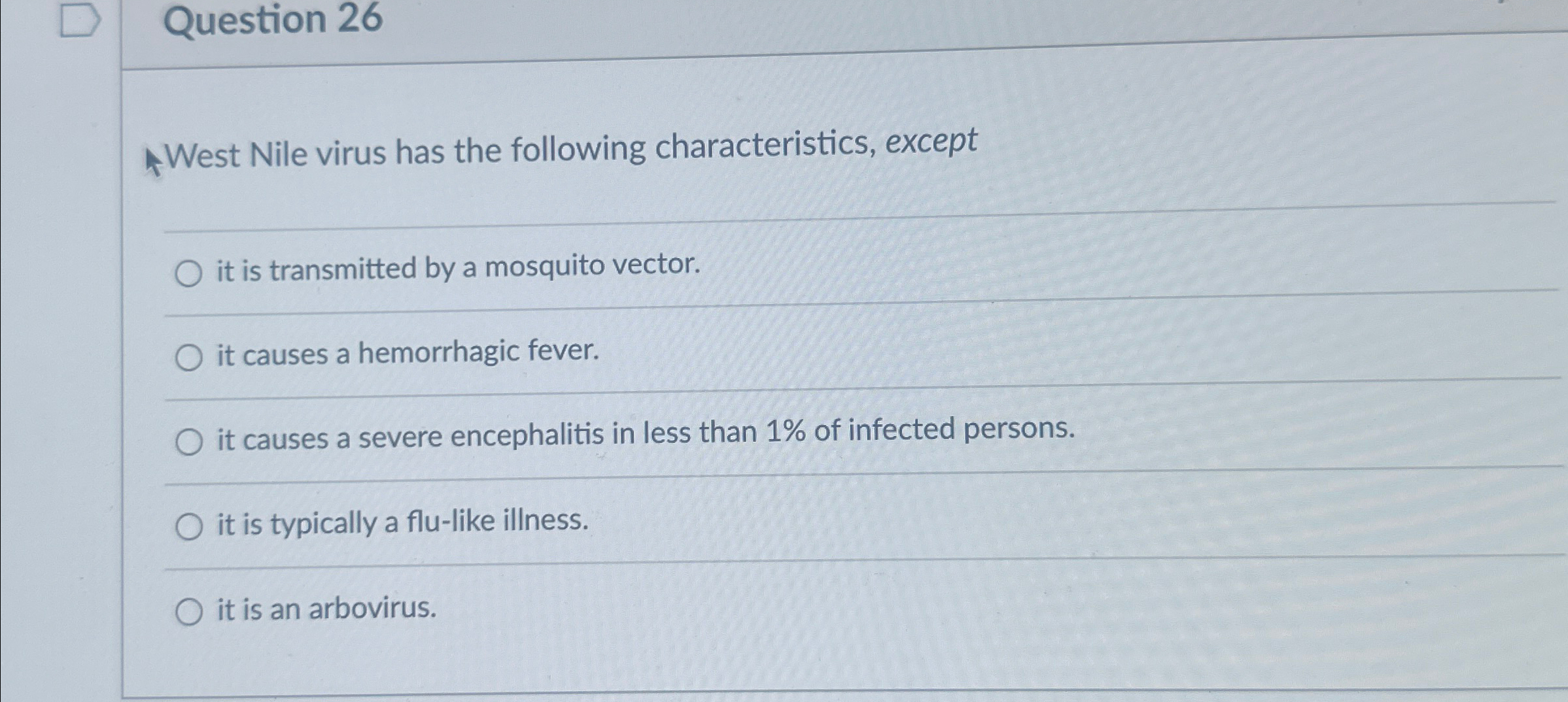 Solved Question 26West Nile virus has the following | Chegg.com