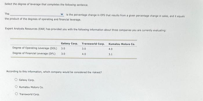 Solved Select the degree of leverage that completes the | Chegg.com