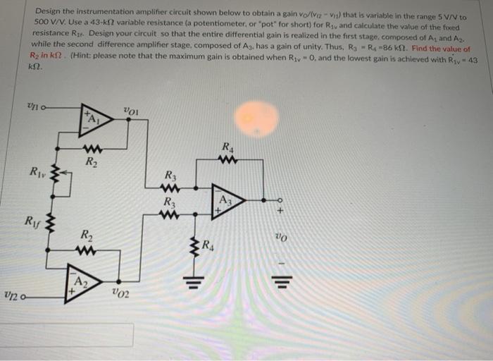 Solved Design the instrumentation amplifier circuit shown | Chegg.com