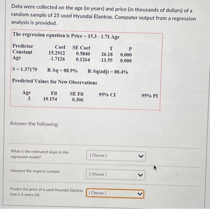 Solved Data were collected on the age (in years) and price | Chegg.com