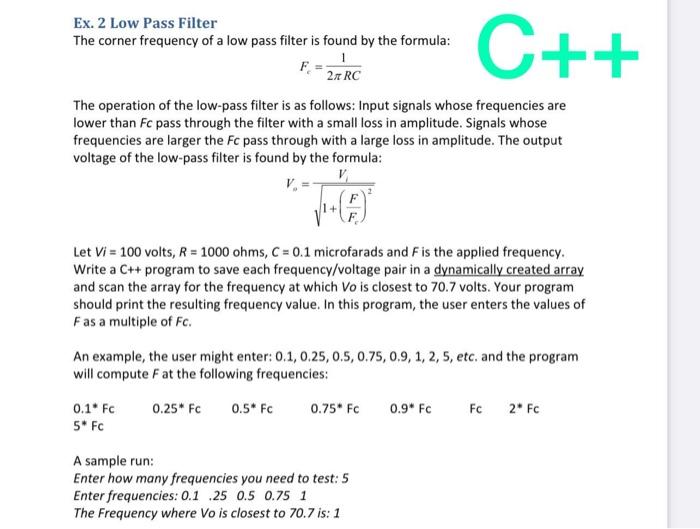 Solved Ex. 2 Low Pass Filter The corner frequency of a low | Chegg.com