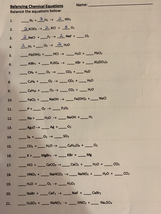 Solved Balancing Chemical Equations Name Balance The Equ Chegg Com