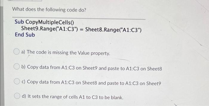 Solved What does the following code do? Sub | Chegg.com