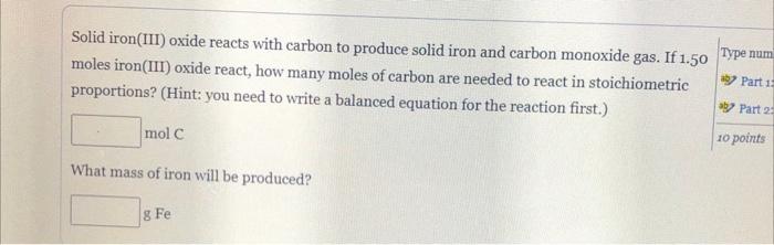 Solved Part 12 Solid iron(III) oxide reacts with carbon to | Chegg.com