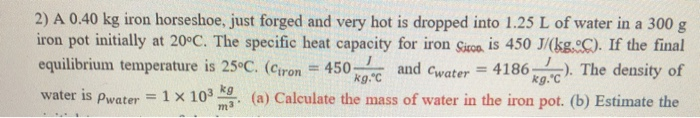 Solved 2) A 0.40 kg iron horseshoe, just forged and very hot | Chegg.com