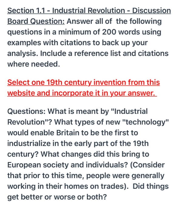 Solved Section 1.1 Industrial Revolution Discussion