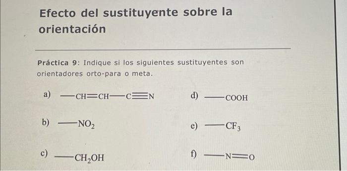 Efecto del sustituyente sobre la orientación Práctica 9: Indique si los siguientes sustituyentes son orientadores orto-para