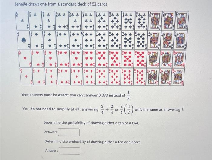 Solved Jenelle draws one from a standard deck of 52 cards.