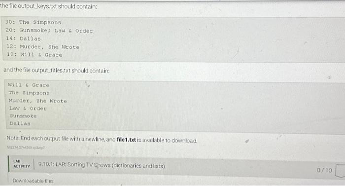 Solved 9.10 LAB: Sorting IV Shows (dictionaries and lists) | Chegg.com