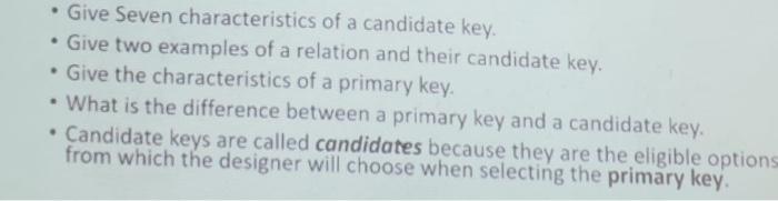 Solved - Give Seven characteristics of a candidate key. - | Chegg.com