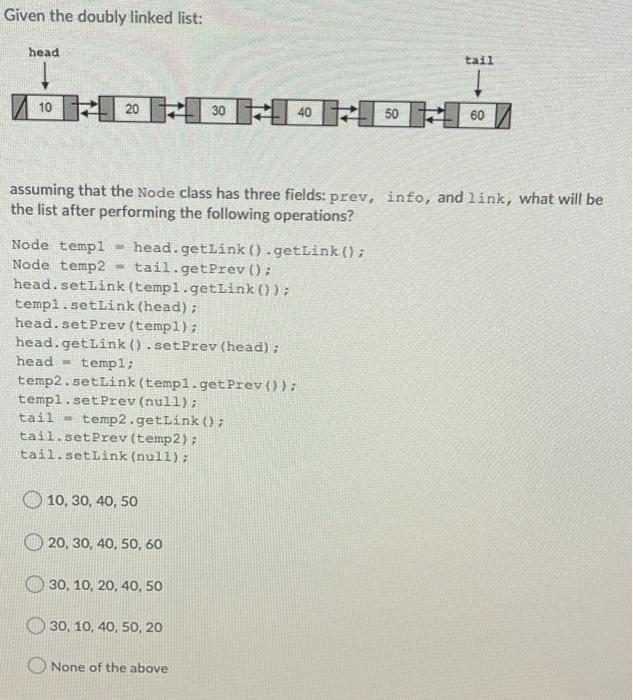 Solved Given the doubly linked list: head tail 10 30 40 | Chegg.com